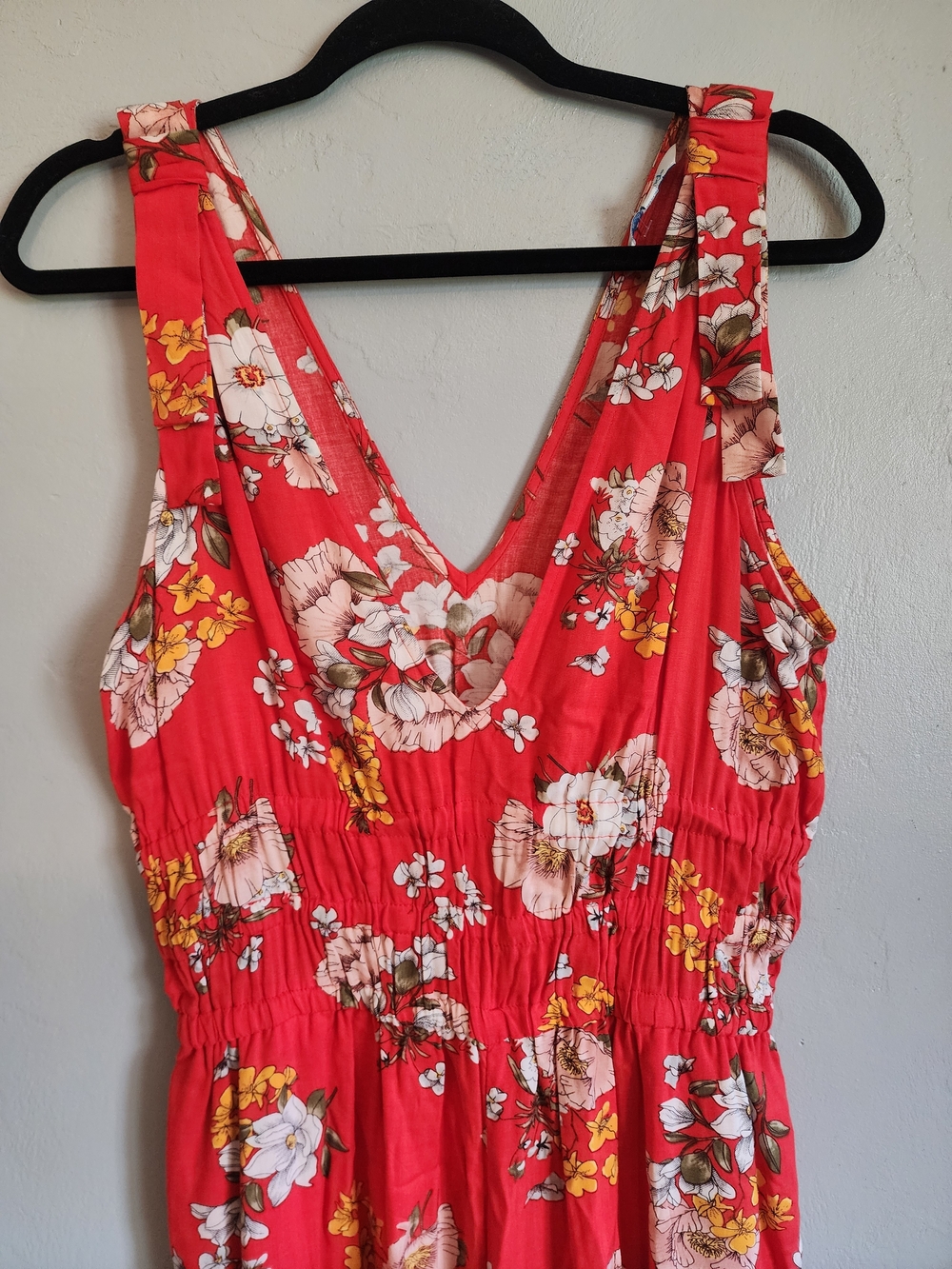 Blue Island Red Floral Wide Leg Romper with V-Neck - Picture 2 of 5